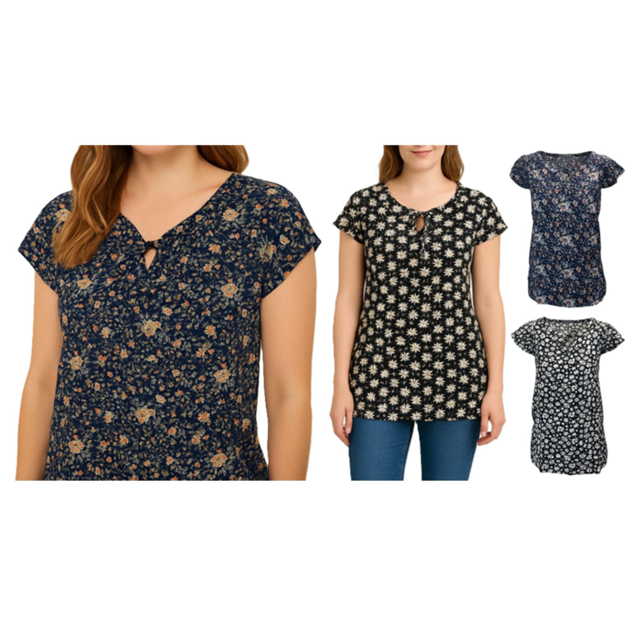 Ladies navy and black floral print top with keyhole neckline and cap sleeves – lightweight summer top